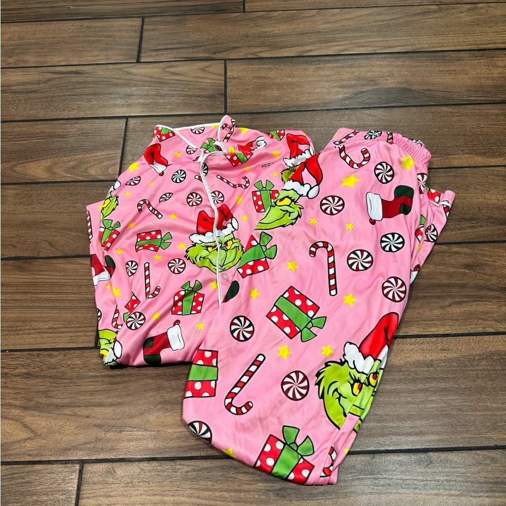 THE GRINCH pink all over print 2pc button up pant pajama set size various